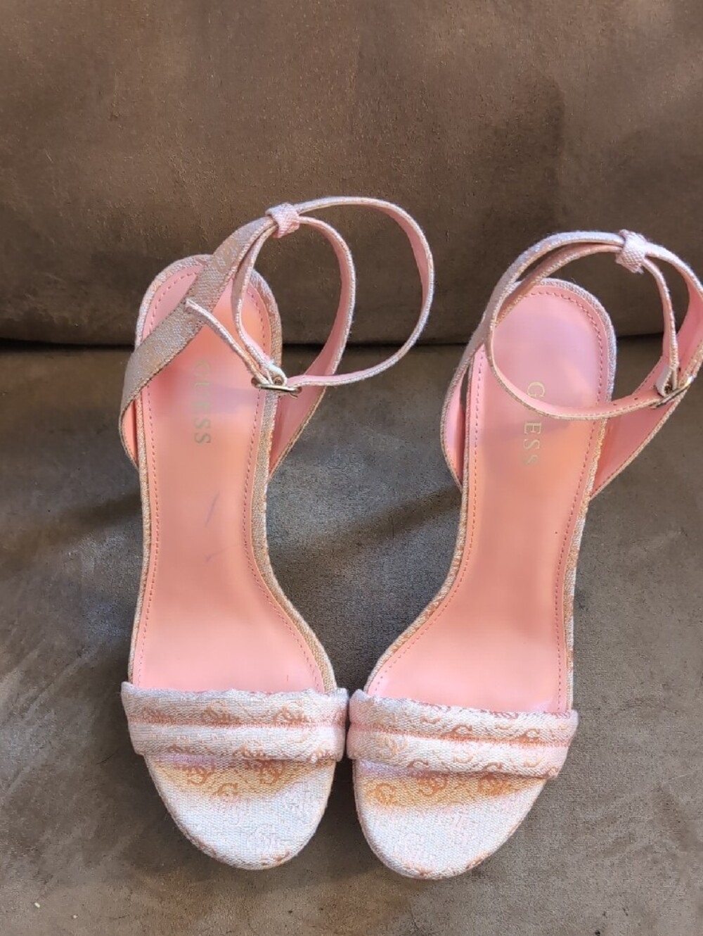 Guess Pink Logo Jacquard Platform Heel Sandals - Picture 9 of 10